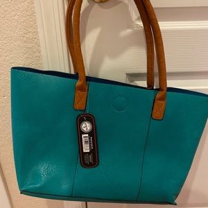 Teal and brown purse